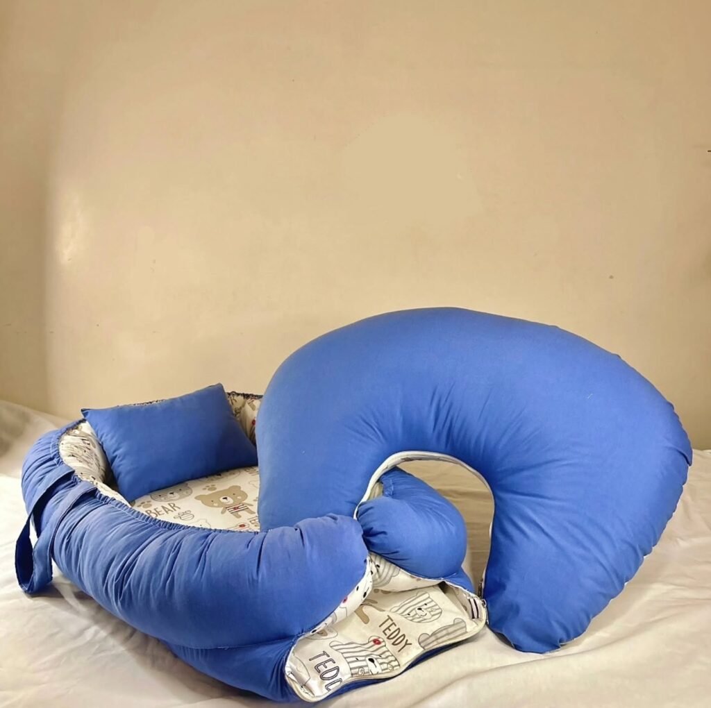 Blue baby nursing pillow and newborn nest set